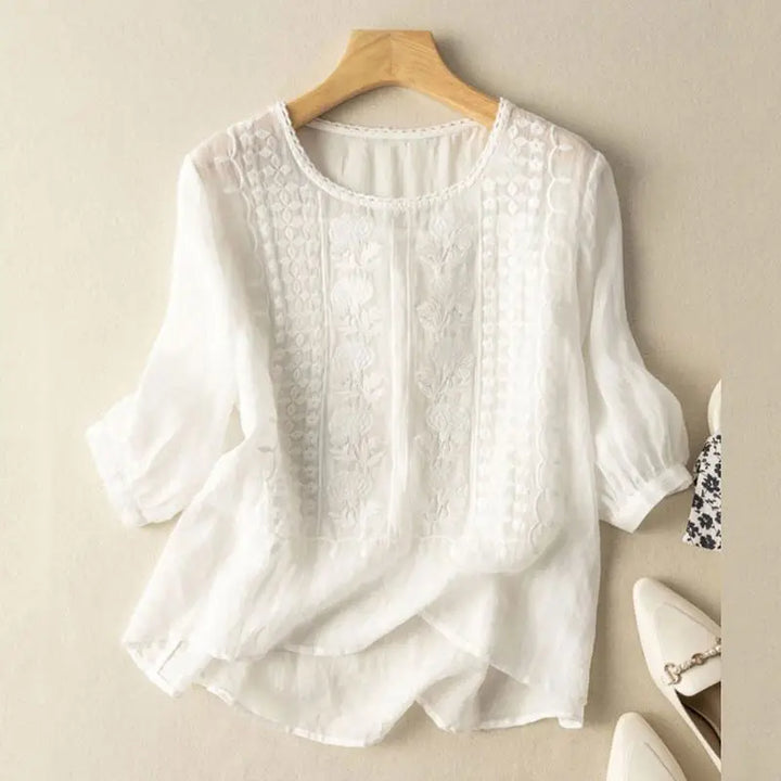 Vera | Embroidered Blouse with Round Neckline and Three Quarter Sleeves