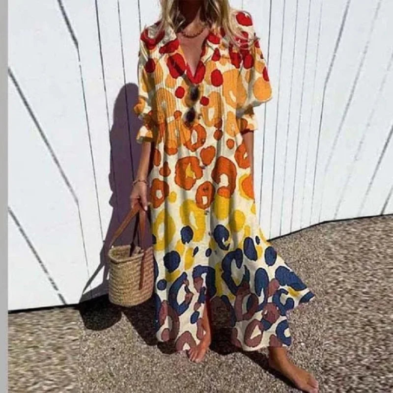 Women's Floral Maxi Dress with V-Neck and Front Slit
