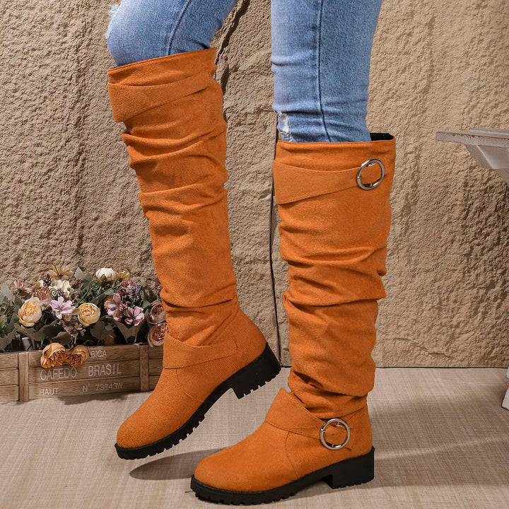 Women's Orthopedic Slouchy Knee High Boots with Ring Buckle Detail
