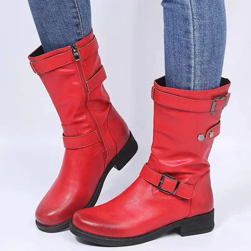 Women's Mid-Calf Moto Boots with Buckle Strap and Low Block Heel