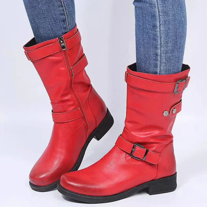 Women's Mid-Calf Moto Boots with Buckle Strap and Low Block Heel