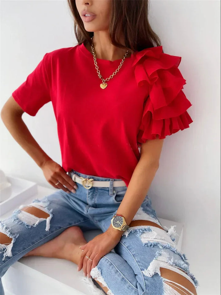 Women's Ruffle Sleeve Top with Round Neck Asymmetrical Design