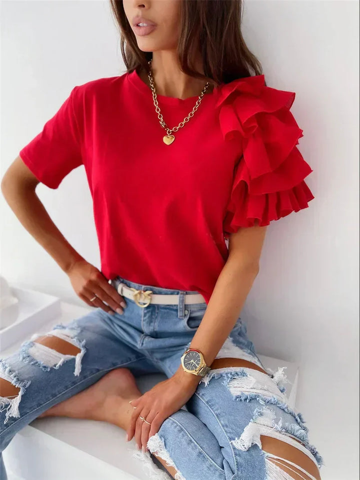 Bea | Tiered Ruffle Sleeve Top with Round Neck and Plain Finish