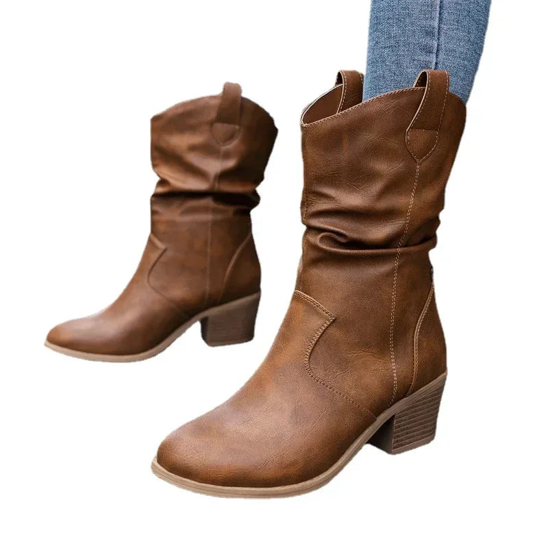 Women's Slouchy Ankle Boots with Block Heel Rounded Toe