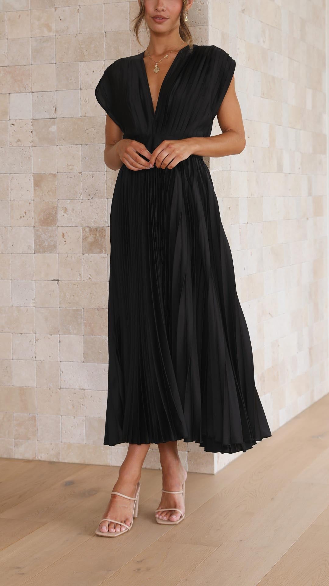 Stella | Midi Wedding Guest Dress with Pleated Skirt and V-Neck
