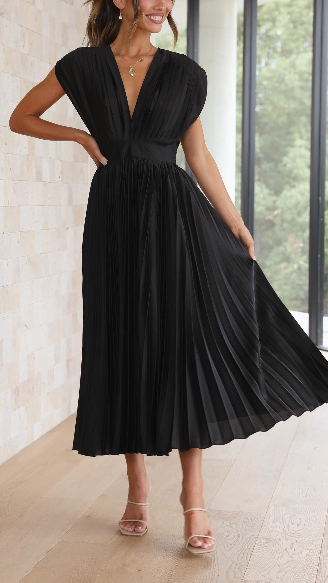 Stella | Midi Wedding Guest Dress with Pleated Skirt and V-Neck
