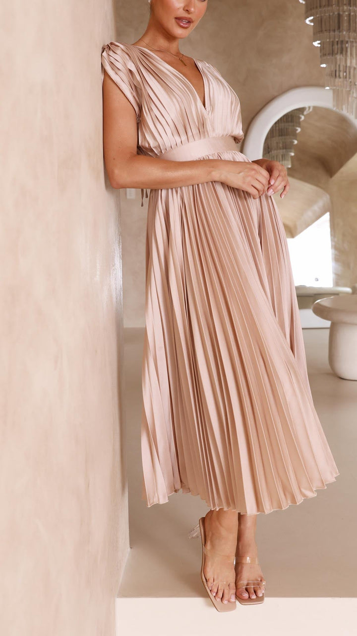 Stella | Midi Wedding Guest Dress with Pleated Skirt and V-Neck