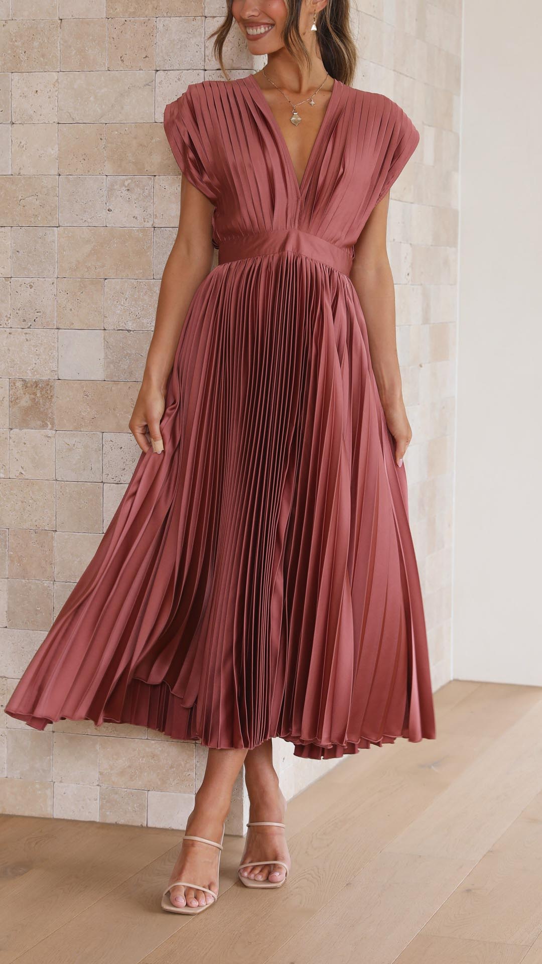 Stella | Midi Wedding Guest Dress with Pleated Skirt and V-Neck
