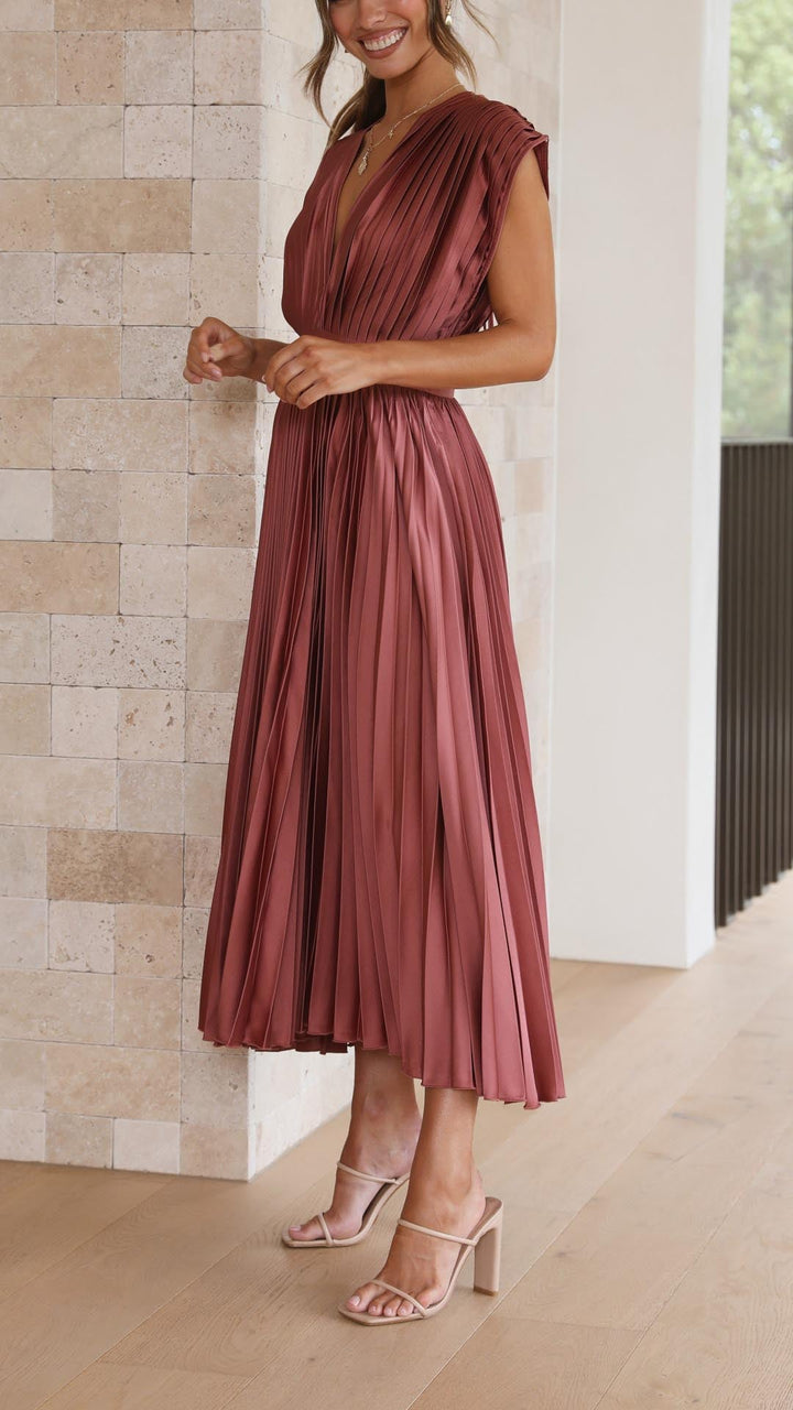 Stella | Midi Wedding Guest Dress with Pleated Skirt and V-Neck