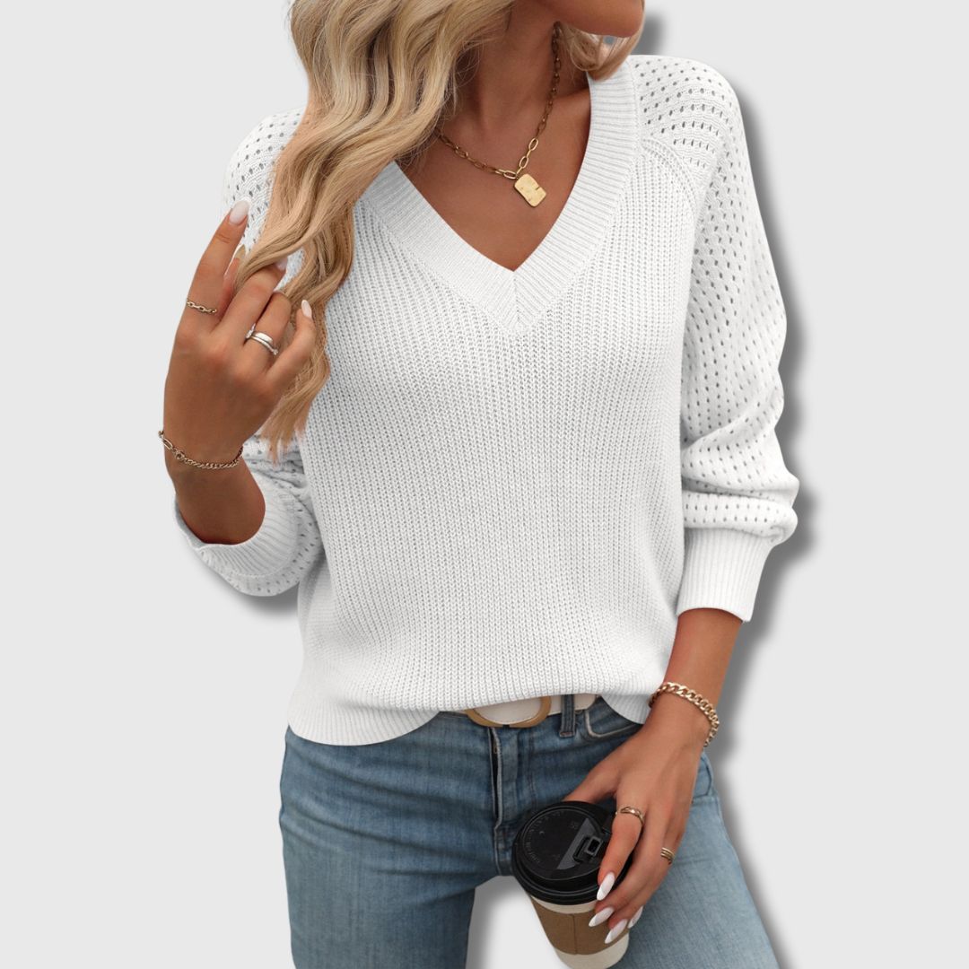 Ellie | V Neck Long Sleeve Top with Ribbed Design