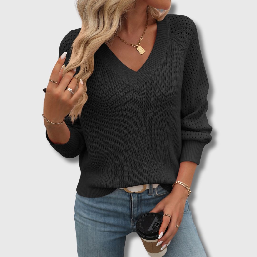 Ellie | V Neck Long Sleeve Top with Ribbed Design