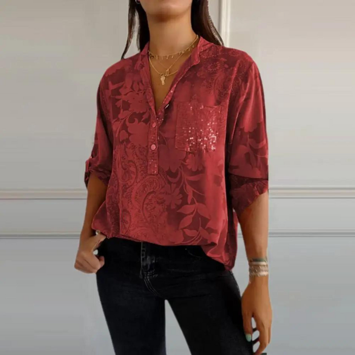 Dora | Floral Print Blouse with V Neckline and Chest Pocket