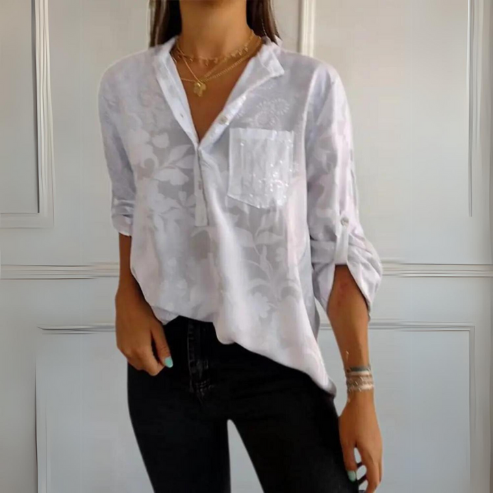 Dora | Floral Print Blouse with V Neckline and Chest Pocket