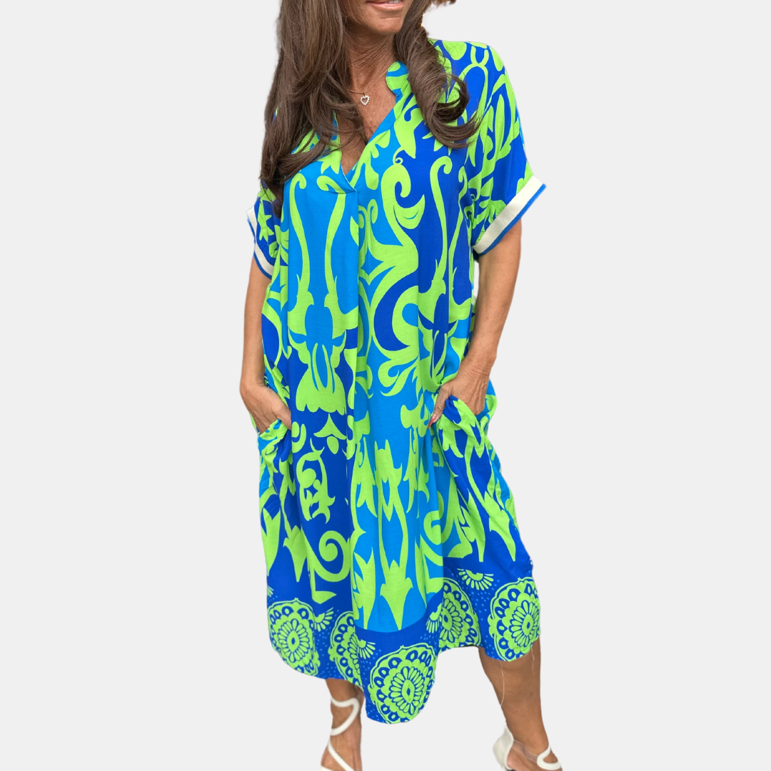 Elena | Midi Summer Dress with Abstract Print and V-Neck