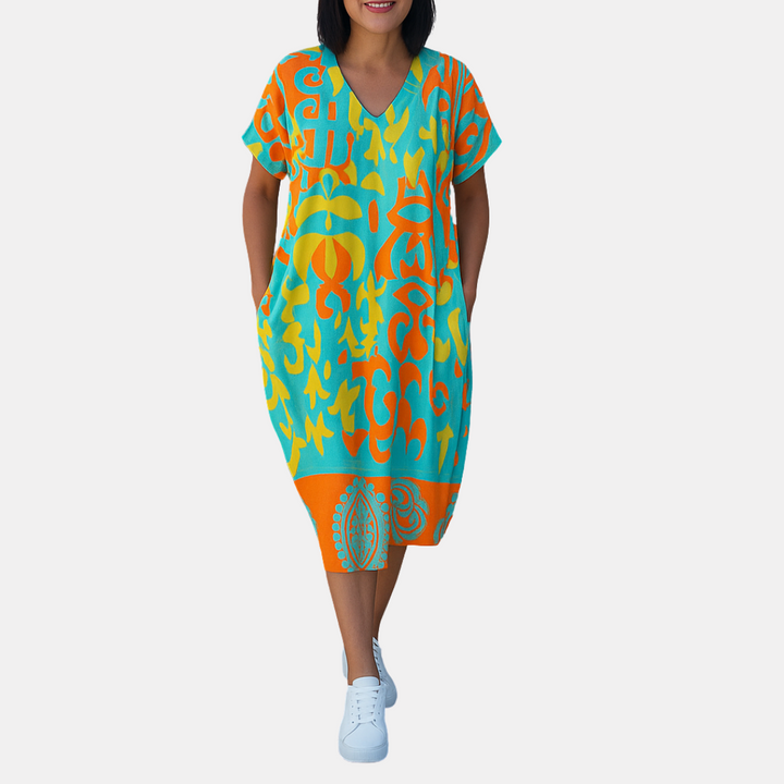 Elena | Midi Summer Dress with Abstract Print and V-Neck