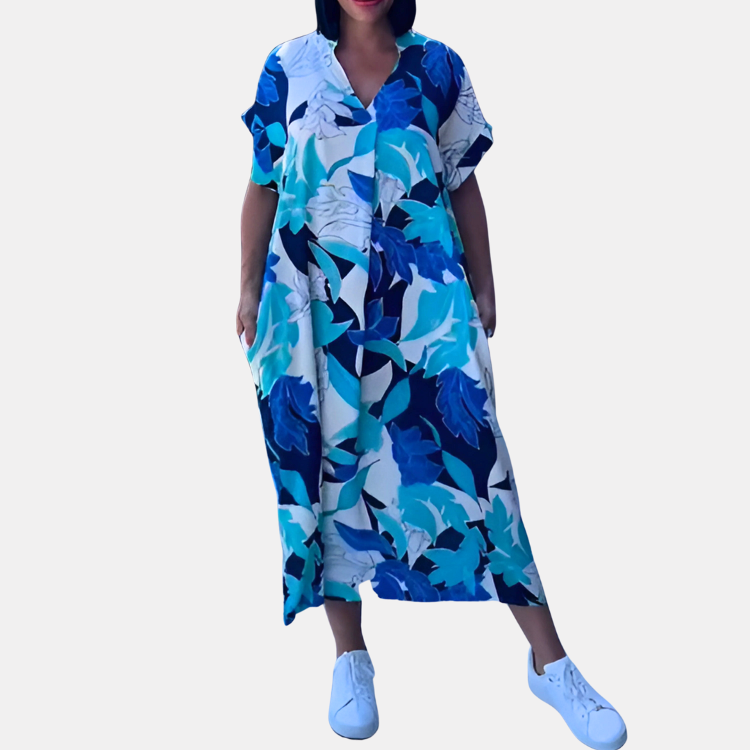Elena | Midi Summer Dress with Abstract Print and V-Neck