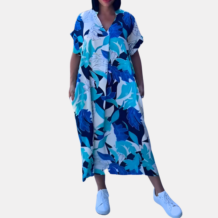 Elena | Midi Summer Dress with Abstract Print and V-Neck