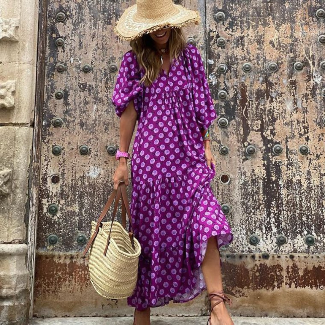 Lucy | Maxi Summer Dress with Boho Print and Puff Sleeves