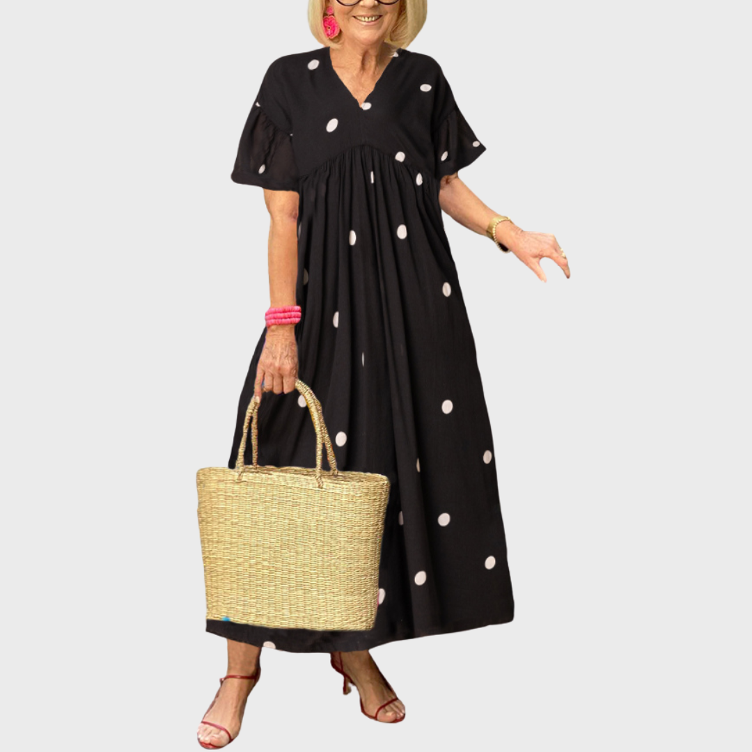 Julie | Maxi Polka Dot Dress with V-Neck and Flutter Sleeves