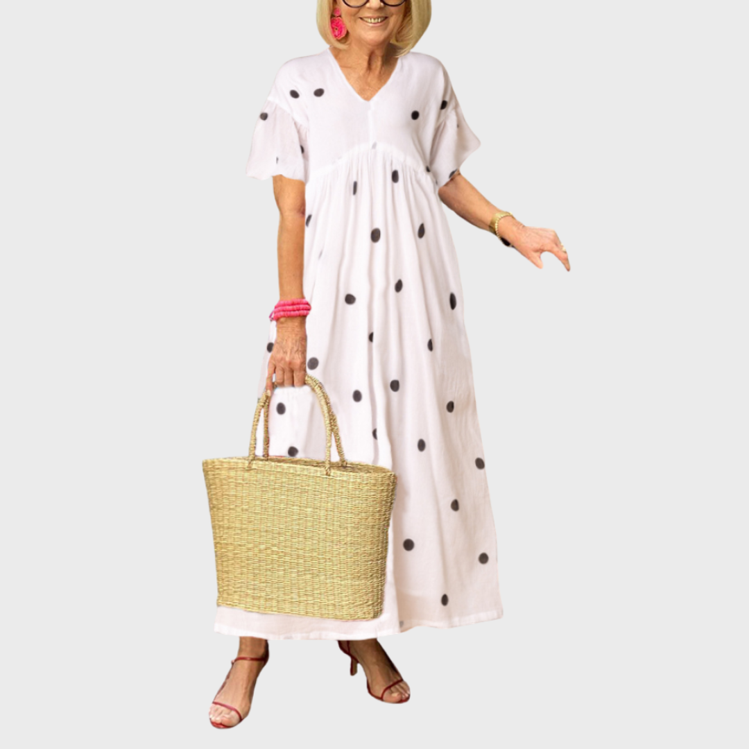Julie | Maxi Polka Dot Dress with V-Neck and Flutter Sleeves