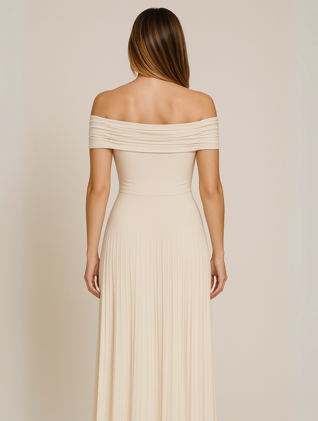Isabel | Maxi Wedding Guest Dress with Off Shoulder and Pleated Skirt