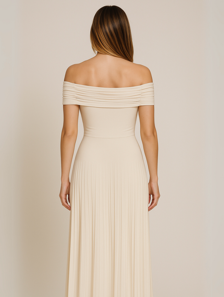 Bella | Maxi Wedding Guest Dress with Off Shoulder and Pleated Skirt