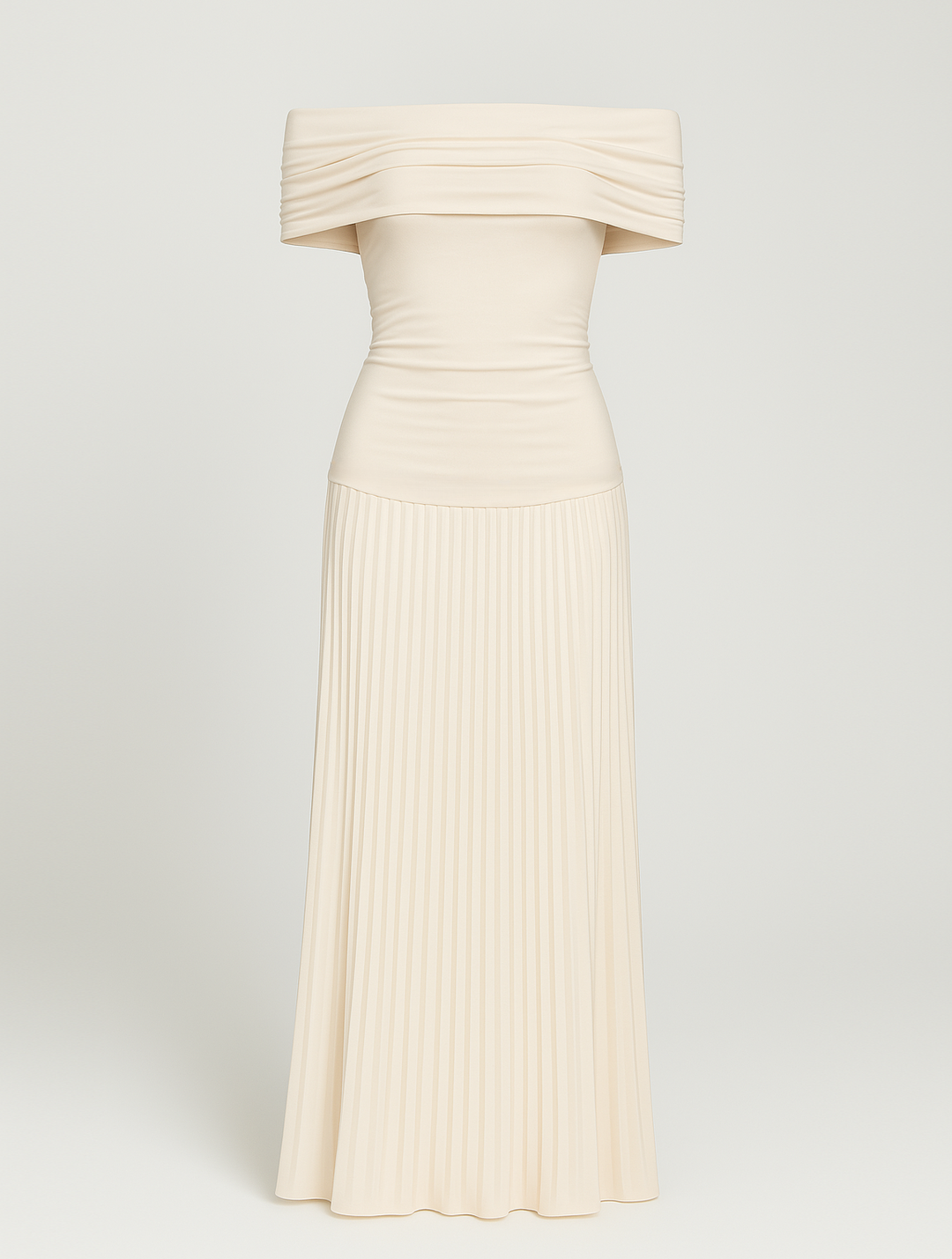 Isabel | Maxi Wedding Guest Dress with Off Shoulder and Pleated Skirt