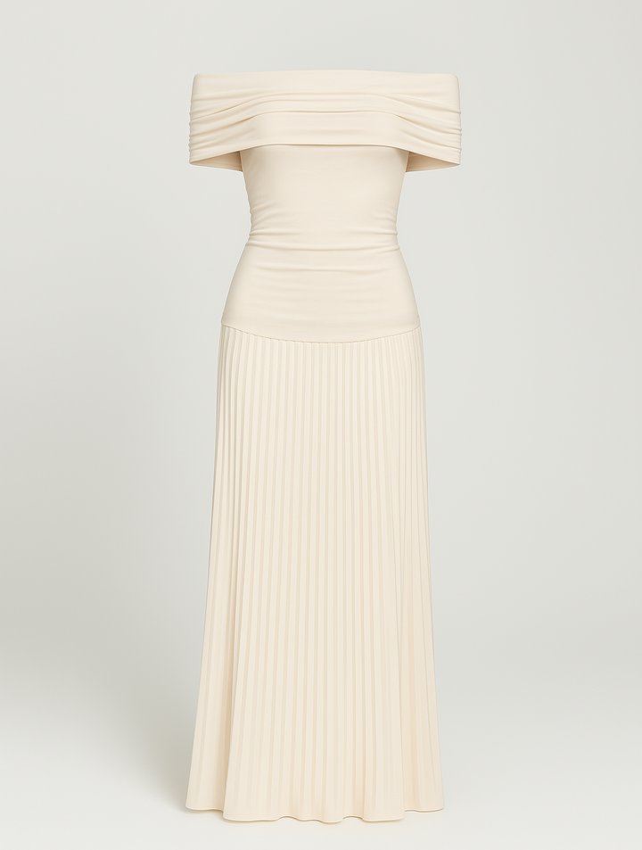 Isabel | Maxi Wedding Guest Dress with Off Shoulder and Pleated Skirt