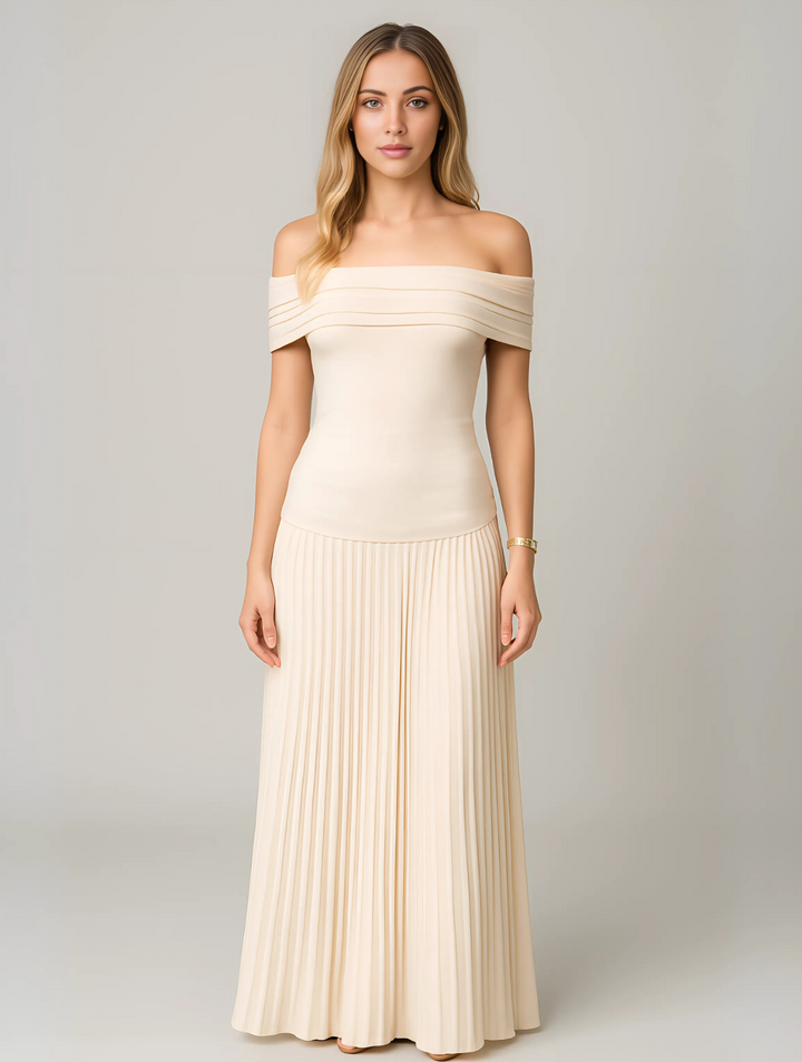 Bella | Maxi Wedding Guest Dress with Off Shoulder and Pleated Skirt