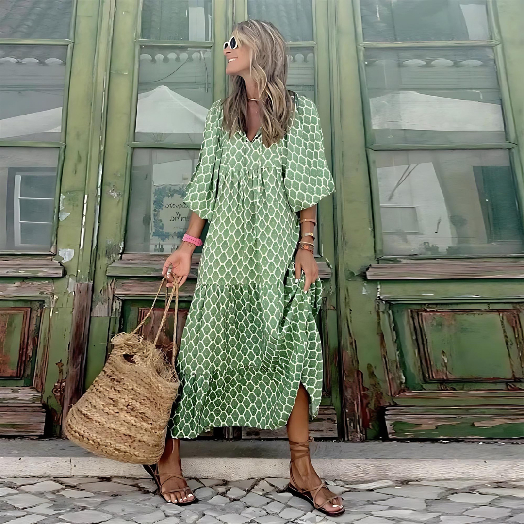 Women's Printed Maxi Dress with V-Neck and Puffed Sleeve