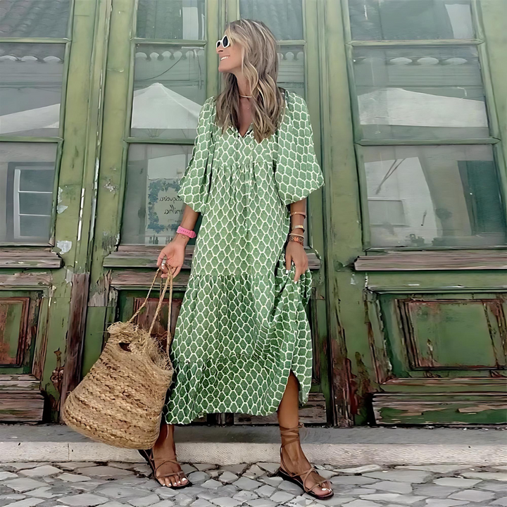Women's Printed Maxi Dress with V-Neck and Puffed Sleeve