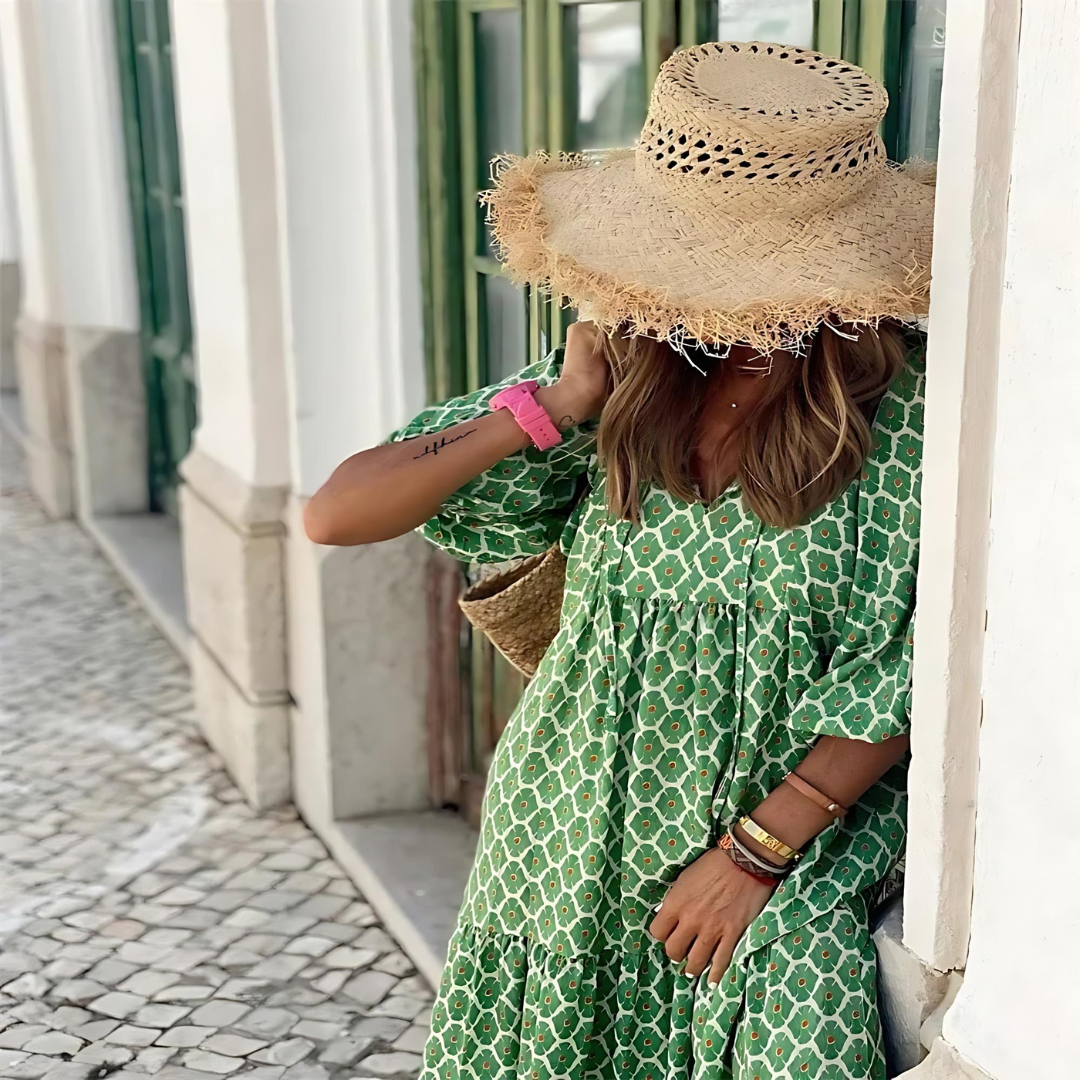 Women's Printed Maxi Dress with V-Neck and Puffed Sleeve