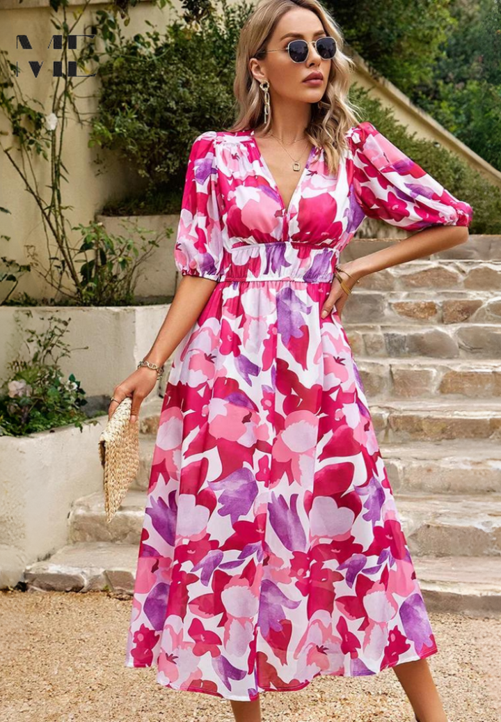 Ruby | Maxi Summer Dress with Floral Print and Belted Waist