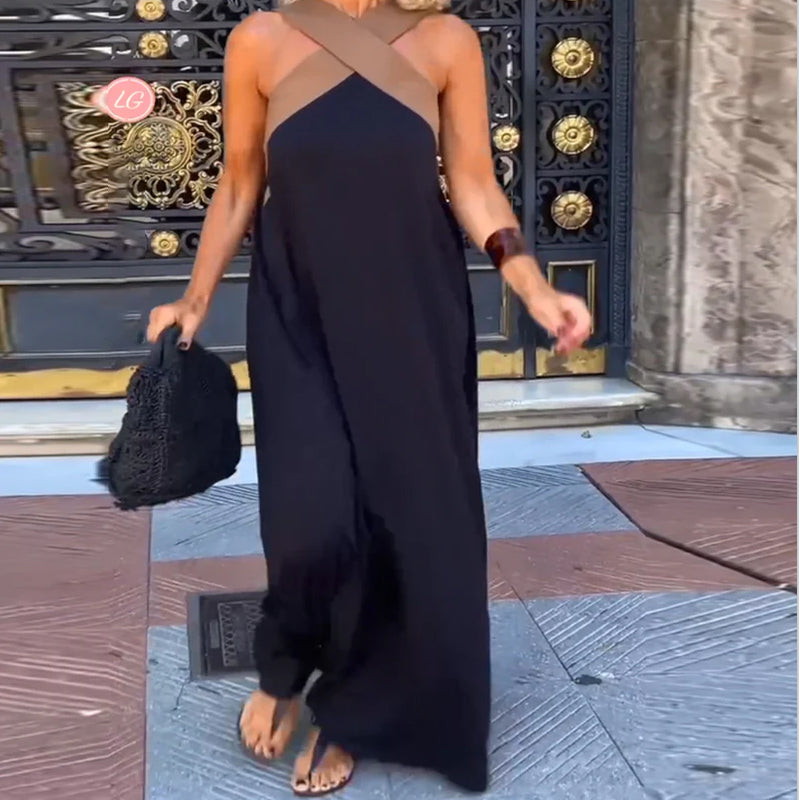 Natalie | Maxi Summer Dress with Halter Neck and Contrast Trim