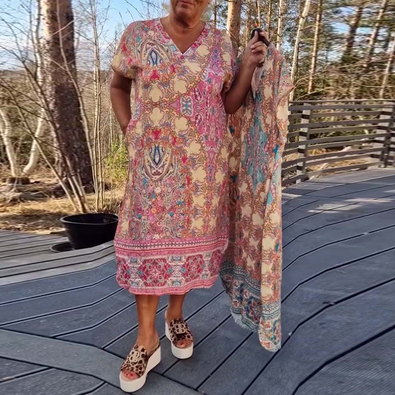 Darcie | Midi Summer Dress with Boho Print and V-Neck
