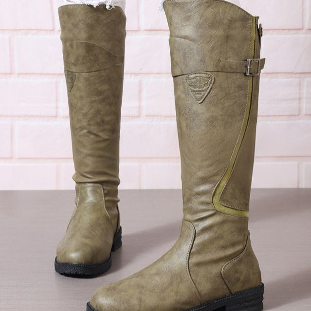Women's Orthopedic Knee High Boots with Buckle Strap and Lug Sole
