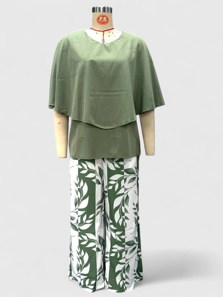 Joan | Matching Set with Leaf Print Trousers and Layered Top