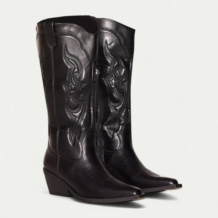 Women's Knee High Western Boots with Pointed Toe and Stitching