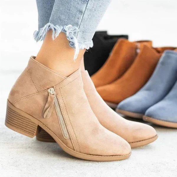 Women's Block Heel Ankle Boots with Side Zip Closure