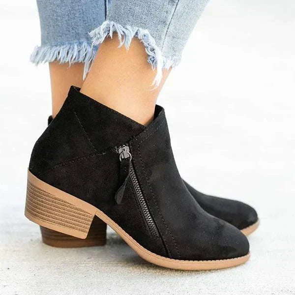 Women's Block Heel Ankle Boots with Side Zip Closure