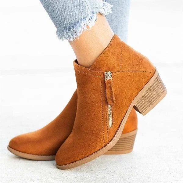 Women's Block Heel Ankle Boots with Side Zip Closure