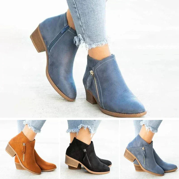 Women's Block Heel Ankle Boots with Side Zip Closure