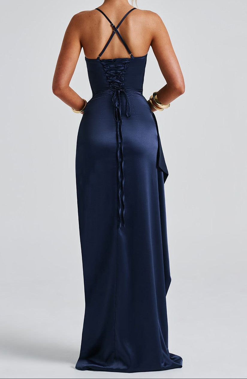 Anna | Maxi Wedding Guest Dress with High Slit and Corset Bodice