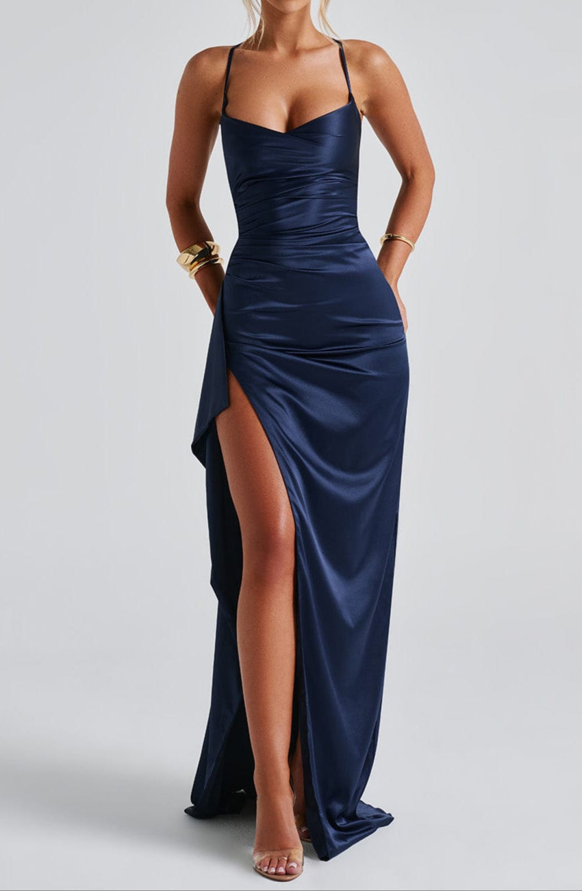Anna | Maxi Wedding Guest Dress with High Slit and Corset Bodice