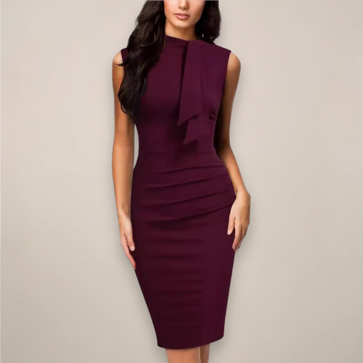 Alyssa | Midi Cocktail Dress with Ruched Bodice and High Neck