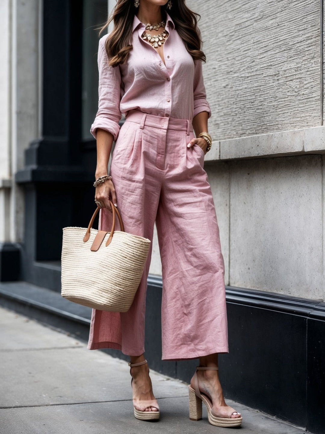 Rosie | Matching Set with Wide Leg Trousers and Long Sleeve Shirt