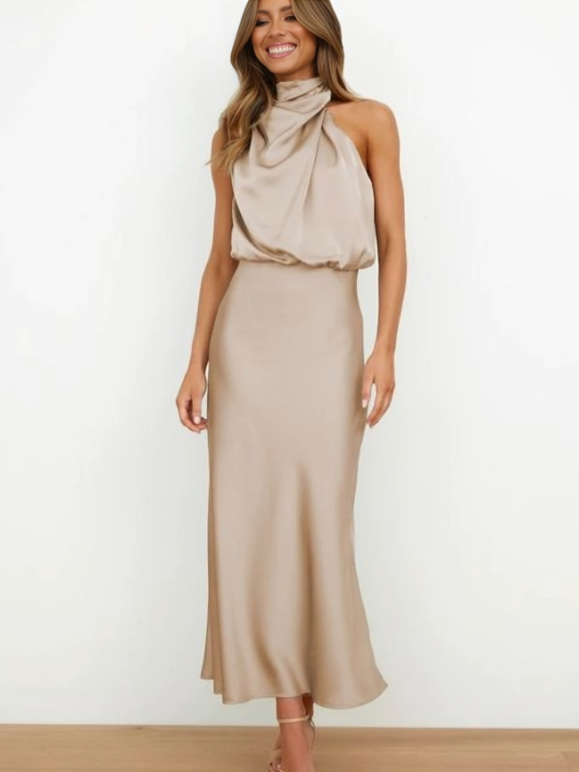 Women's Halter Neck Maxi Dress with Draped Bodice