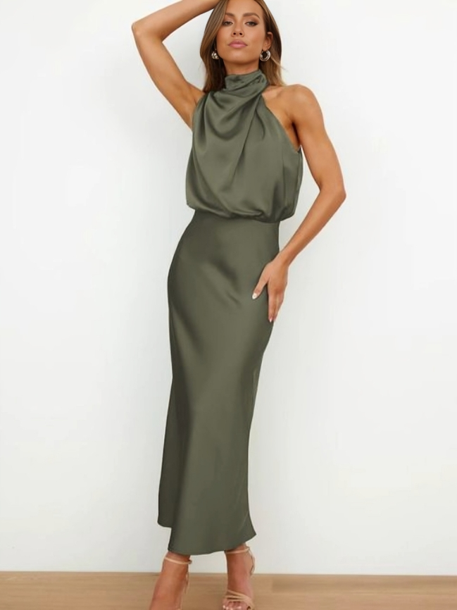 Women's Halter Neck Maxi Dress with Draped Bodice