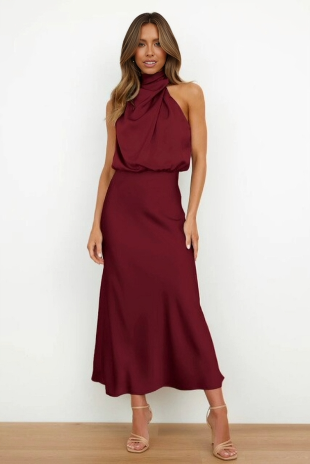 Women's Halter Neck Maxi Dress with Draped Bodice