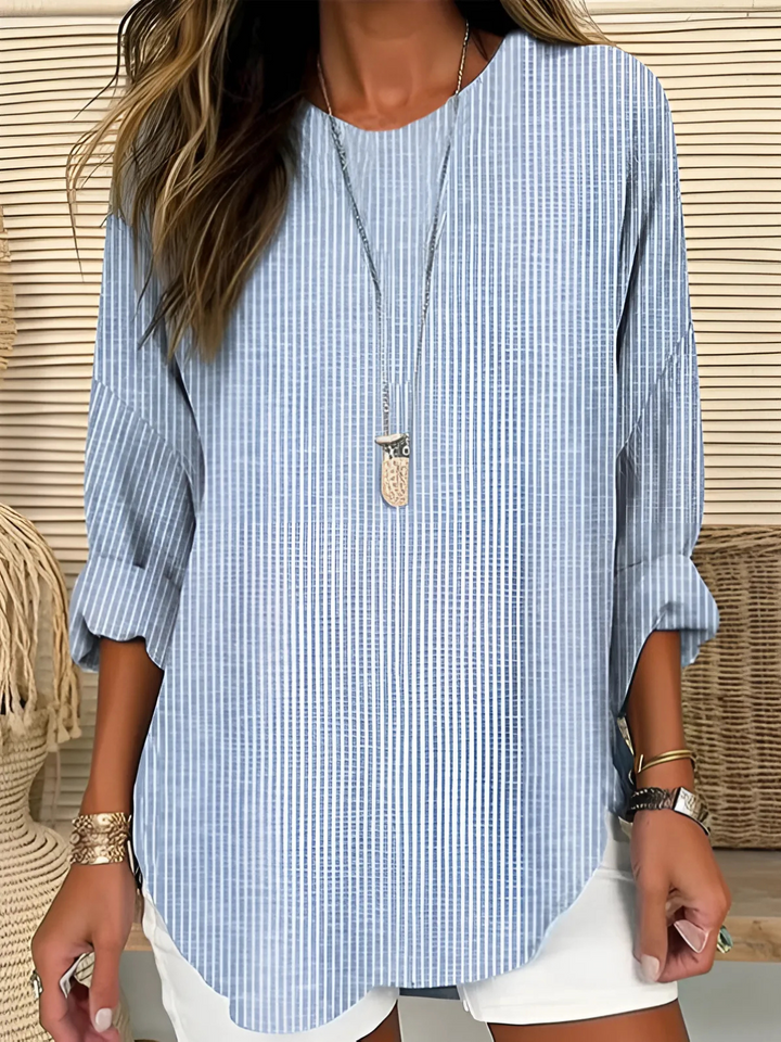 Women's Striped Long Sleeve Blouse with Round Neck